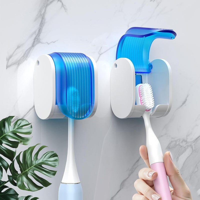 LUWUIDEN 2 Pcs Toothbrush Holders Wall Mounted, Single Slot Design, Shower Self Adhesive Wall Mounted Toothbrush Holder with Cover, Waterproof and Dustproof, Suitable for Bathroom, Family, Travel (Blue) - Image 1